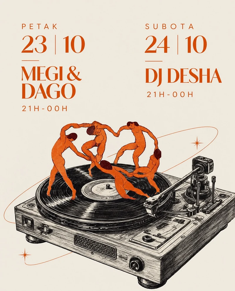 Arhivski plakat za muzičke večeri 23. i 24. oktobra 2026, sa ilustracijom gramofona